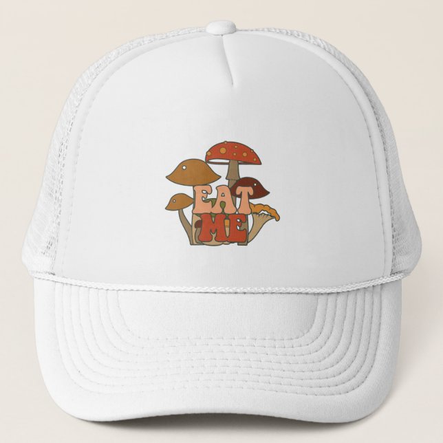Retro Funny Mushroom | Eat Me Trucker Hat (Front)