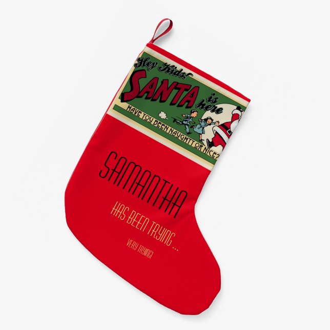 Retro Funny "Naughty or Nice" Santa Monogram Small Christmas Stocking (Front (Hanging))