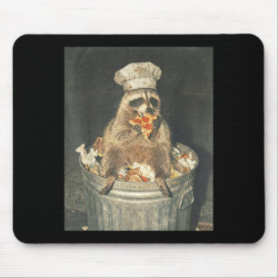 Retro funny raccoon chef eating pizza trash can mouse mat