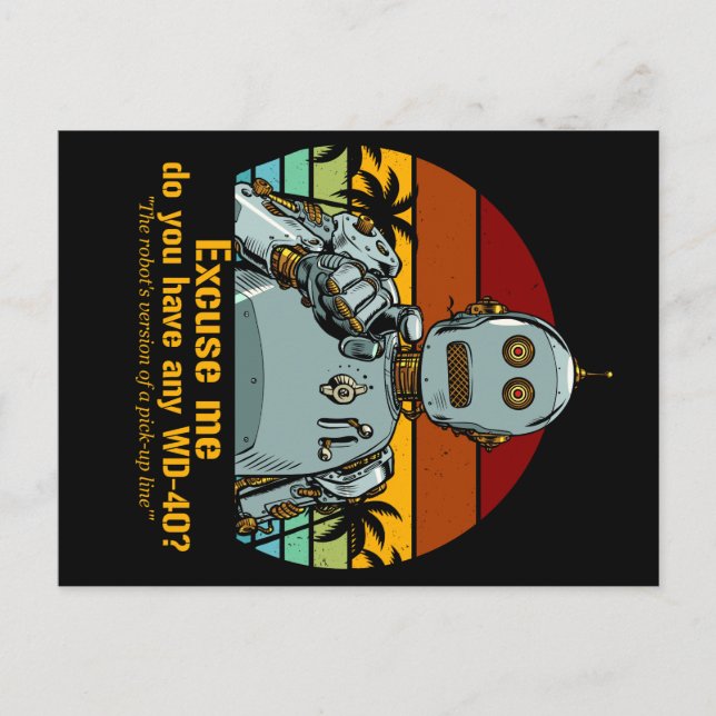 Retro funny robot needs oiling postcard (Front)