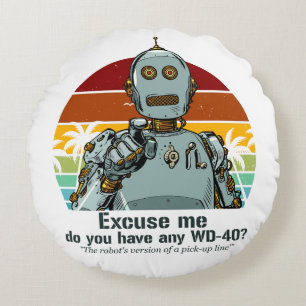 Retro funny robot needs oiling round cushion