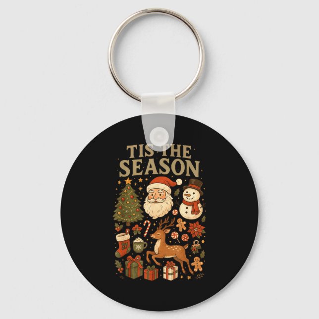 Retro Funny Santa Tis The Season Christmas Doodles Key Ring (Front)