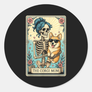 Retro Funny The Corgi Mum Tarot Card Skeleton Hall Classic Round Sticker