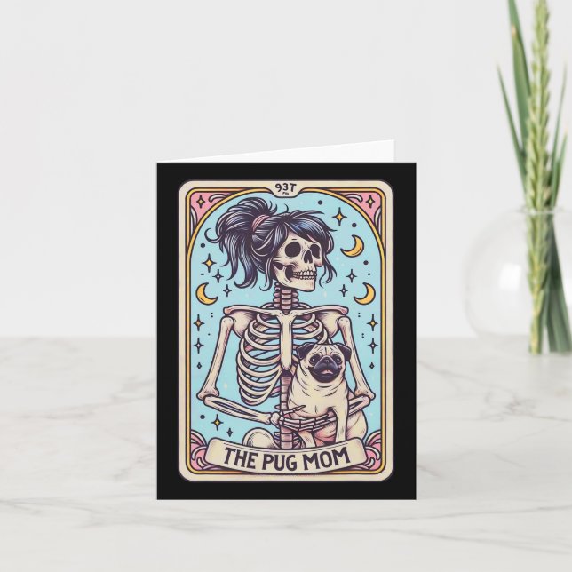 Retro Funny The Pug Dog Mum Tarot Card Skeleton Ha (Front)