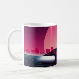 Retro future. 80s style sci-fi background with sup coffee mug