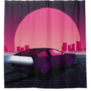 Retro future. 80s style sci-fi background with sup shower curtain