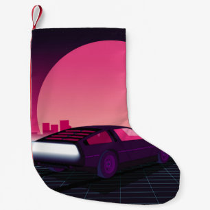 Retro future. 80s style sci-fi background with sup small christmas stocking