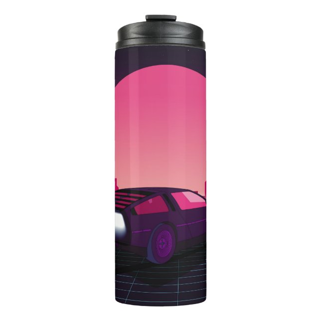 Retro future. 80s style sci-fi background with sup thermal tumbler (Front)
