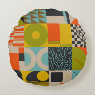 Retro future inspired artwork of abstract symbols round cushion