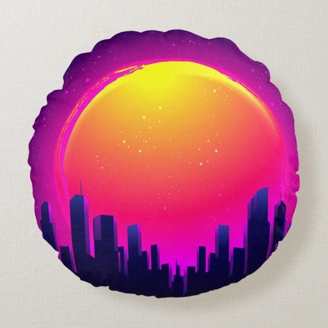 Retro Futurism. futuristic synth wave illustration Round Cushion (Front)