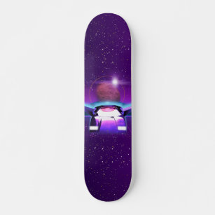 Retro Futurism Purple Moon & Spaceship Neon Galaxy Skateboard