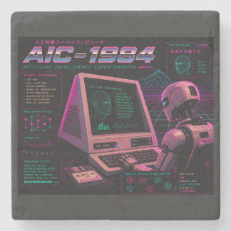 Retro Futuristic AI Robot Computer Vaporwave Neon Stone Coaster