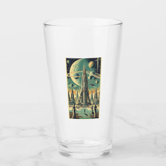Retro Futuristic Alien City Postcard Art Glass