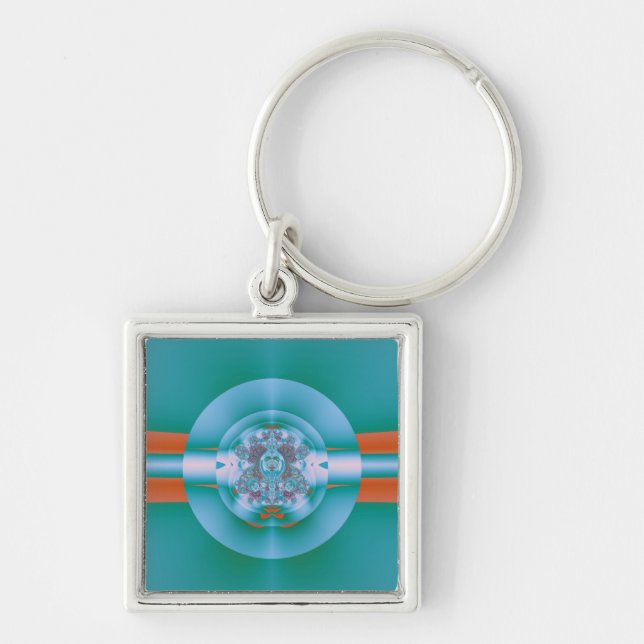 Retro Futuristic Aqua Coral Abstract Art Key Ring (Front)