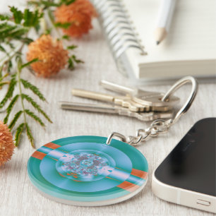 Retro Futuristic Aqua Coral Abstract Art Key Ring