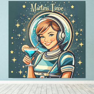 Retro Futuristic Astro Girl Martini Time Canvas Print