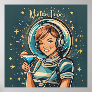 Retro Futuristic Astro Girl Martini Time Poster