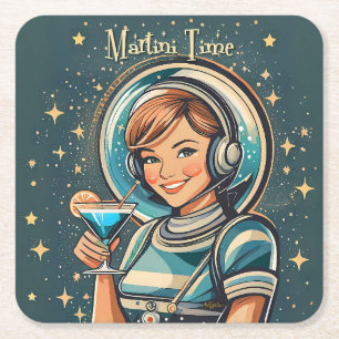 Retro Futuristic Astro Girl Martini Time Square Paper Coaster