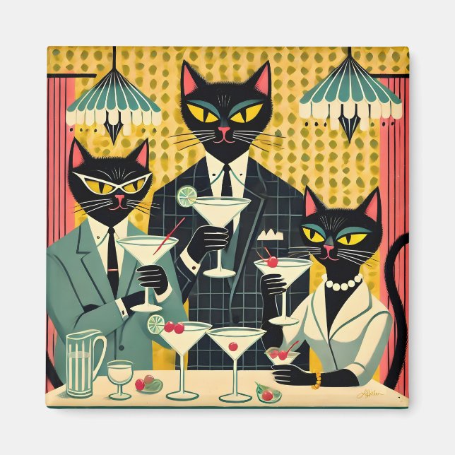 Retro Futuristic Black Cat Martini Club Magnet (Front)