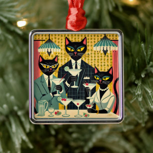 Retro Futuristic Black Cat Martini Club Metal Tree Decoration