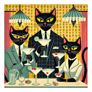 Retro Futuristic Black Cat Martini Club Photo Print