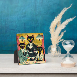 Retro Futuristic Black Cat Martini Club Plaque