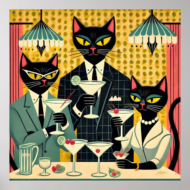 Retro Futuristic Black Cat Martini Club Poster (Front)