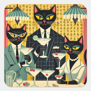 Retro Futuristic Black Cat Martini Club Square Sticker