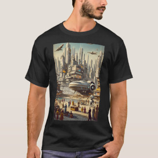 Retro-Futuristic Bustling Spaceport Sci-Fi T-Shirt
