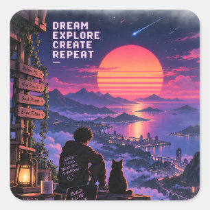 Retro Futuristic Dreamer Sunset Adventure Square Sticker