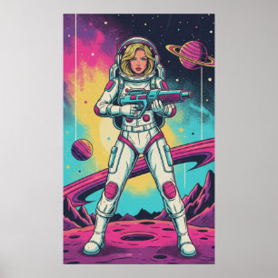 Retro Futuristic Girl Astronaut Poster
