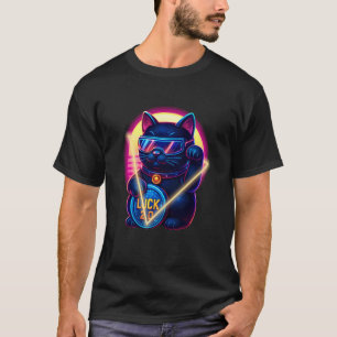 Retro Futuristic Lucky Cat Holding Coin and Fish F T-Shirt