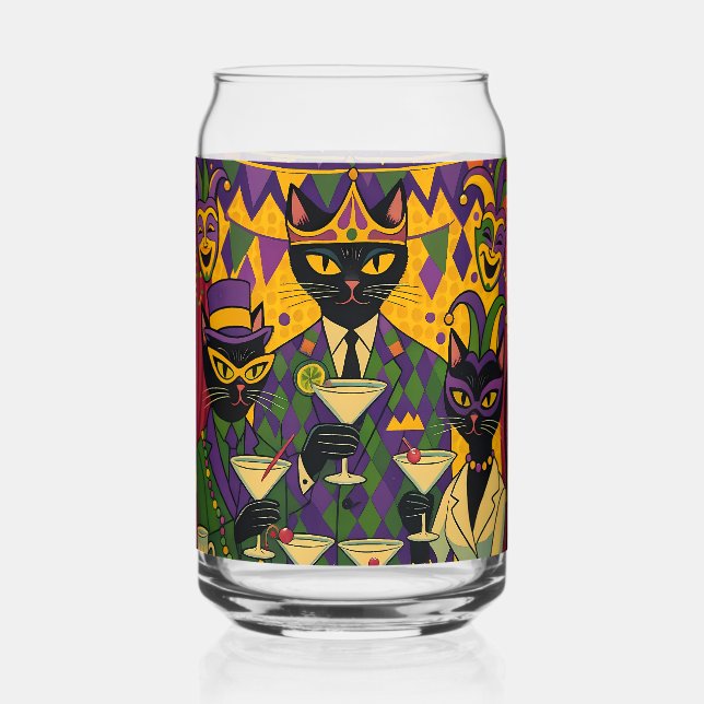 Retro Futuristic Mardi Gras Black Cat Martini Club Can Glass (Front)