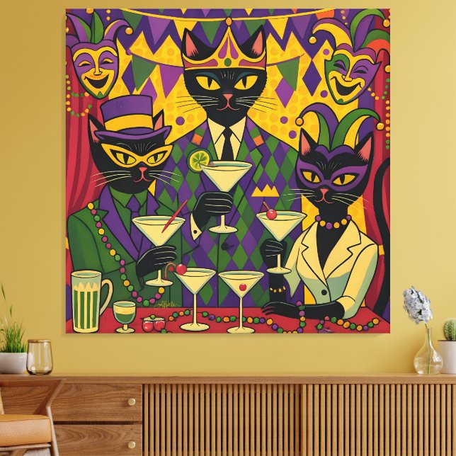 Retro Futuristic Mardi Gras Black Cat Martini Club Canvas Print (Insitu(LivingRoom))
