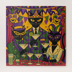 Retro Futuristic Mardi Gras Black Cat Martini Club Jigsaw Puzzle