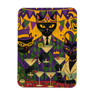 Retro Futuristic Mardi Gras Black Cat Martini Club Magnet