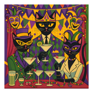 Retro Futuristic Mardi Gras Black Cat Martini Club Photo Print