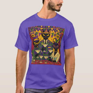Retro Futuristic Mardi Gras Black Cat Martini Club T-Shirt
