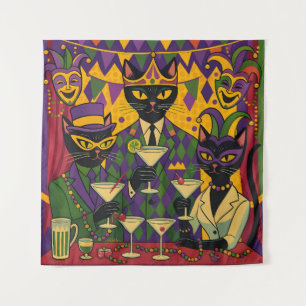 Retro Futuristic Mardi Gras Black Cat Martini Club Tapestry