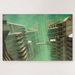 Retro Futuristic Megacity Skyline Jigsaw Puzzle
