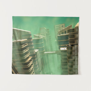 Retro Futuristic Megacity Skyline Tapestry