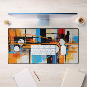 Retro Futuristic Orange Blue Abstract Line Art Desk Mat