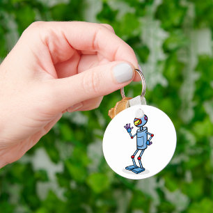 Retro Futuristic Robot Character Waving Key Ring
