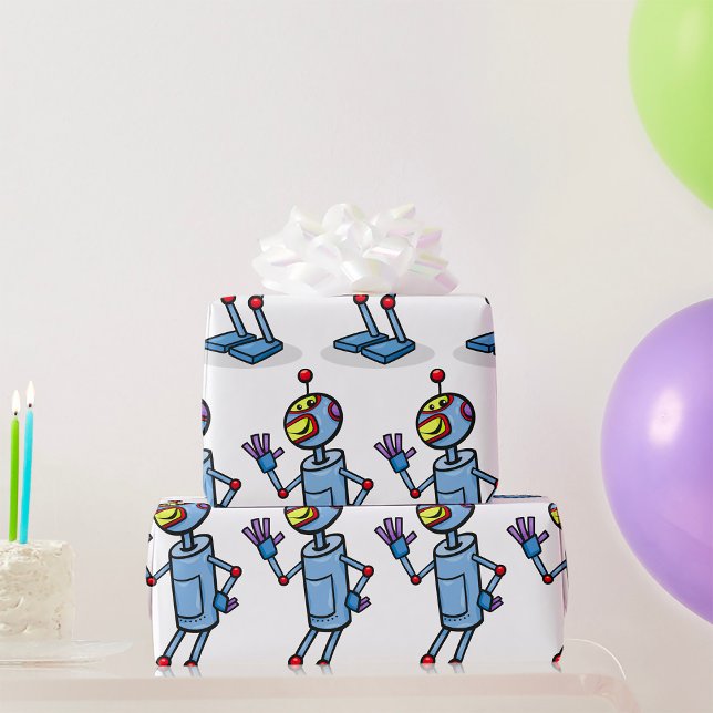 Retro Futuristic Robot Character Waving Wrapping Paper (Creator Uploaded)