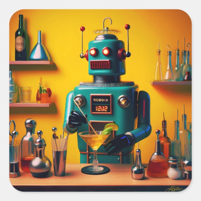 Retro Futuristic Robot ROBIA 12J2 Mixologist Square Sticker (Front)