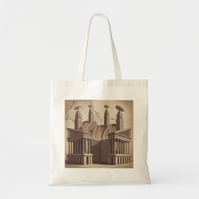 Retro Futuristic Sci Fi Ancient Temple Satellite  Tote Bag (Front)