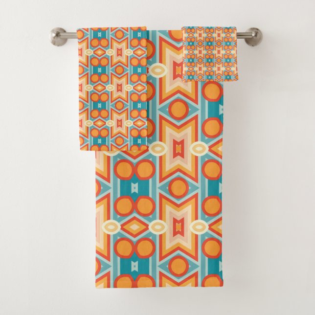 Retro-futuristic symmetrical honeycomb bath towel set (Insitu)