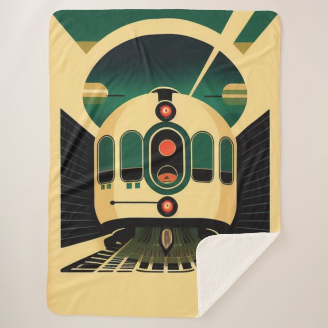 Retro Futuristic Train Sherpa Blanket (Front)