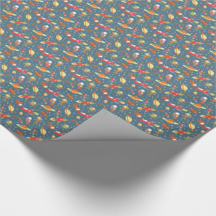 Retro Galaxy Outer Space Rockets & Astronauts Wrapping Paper