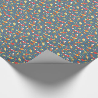 Retro Galaxy Outer Space Rockets & Astronauts Wrapping Paper